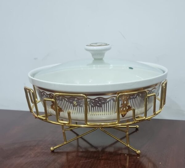 1.5L single ceramic round chaffing dish + burner and golden stand