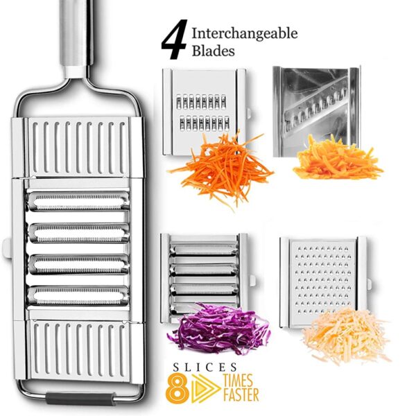 New generation stainless steel multiple grater with 4 interchangeable blades