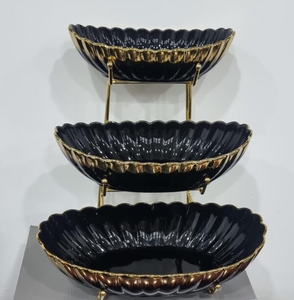 JD8580-LS Set of 3 ceramic fruit bowls on gold metal rack