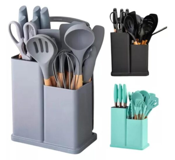 19pcs heat resistant silicone cooking  kitchen spoon set with knives and chop board