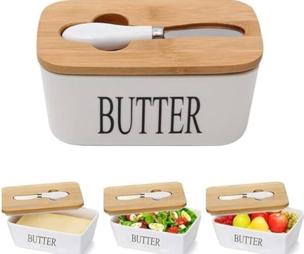 Butter spread kit  Ceramic container, airtight bamboo cover + spread knife