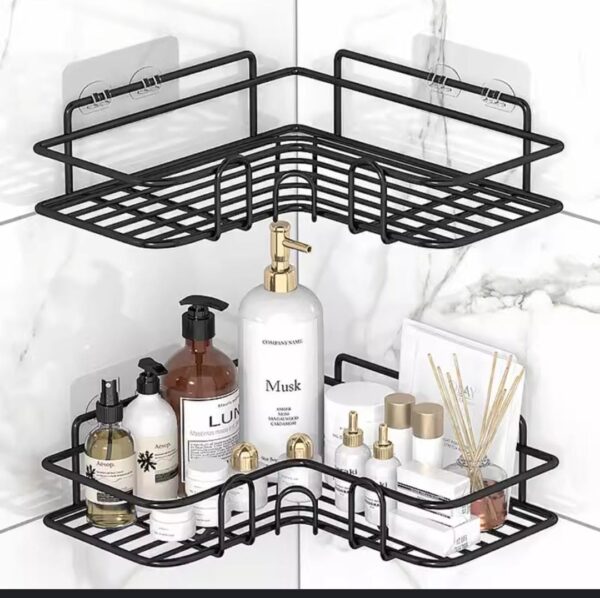 Metallic corner triangular bathroom/kitchen organizer (WITH 2 ADHESIVE STICKER,EACH STICKER HAS DOUBLE HOOKS)