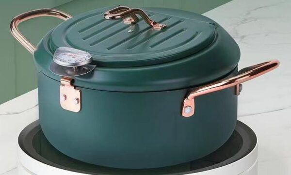 Nordic green coloured 3.4L Frying pot with thermometer and oil drain grill Base n inside stainless steel - compatible with all heat sources